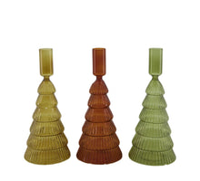 Dinnercandle holder tree glass 8.5x8.5x21.5cm 3 Green mix