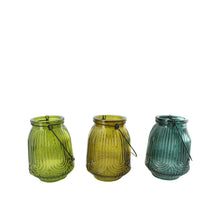 Tealight holder glass with handle 9x9x12.5cm 3 assorti green
