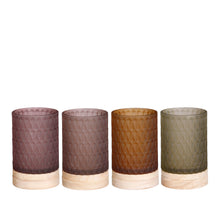 Tea light holder on wooden base peach brown l.brown gray 4 assorted h14xd8.5cm