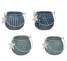 Tealightholder glass with wooden star hanger 4 assorted dia8 h7cm