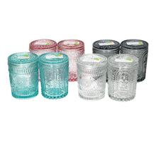 Drinkglas/snoeppot met deksel D8 H10cm 4 kleuren 2 designs