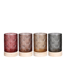 Theelicht houder op houten voet l.bruin dgeel groen dbruin 4 assortie h14xd8,5cm