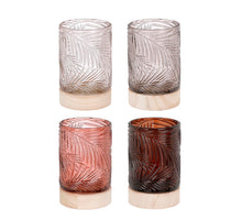 Theelicht houder op houten voet offwhite grijs roze bruin 4 assortie h14xd8,5cm