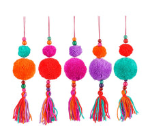 Ornament pom pon oranje fuchsia paars rood groen 5 assorti - h25xd7cm