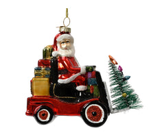 Hanger Kerstman op heftruck glas 4,5x11,5x12cm