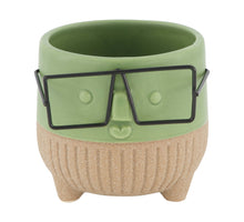 Planter face with glasses ceramic 8x8x7.3cm Green