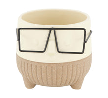Planter face with glasses ceramic 8x8x7.3cm Cream