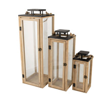 Set/3 Lantern fir wood with metal with glass 23.5x23.5x70cm Natural