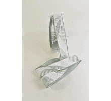 Satijnlint met opdruk bladeren 25mm 20mtr jade/wit