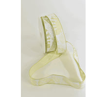 Satijnlint met opdruk bladeren 25mm 20mtr licht groen/wit