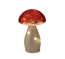 PADDENSTOEL GLAS LED OP BATTERIJ MET TIMER H18CM ROOD MET WITTE STIPPEN