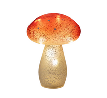 PADDENSTOEL GLAS LED OP BATTERIJ MET TIMER H21CM ROOD MET WITTE STIPPEN