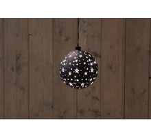 B.O. GLAS BAL ZWART MET STERREN 15CM / LED WARM WIT - 2XAAA