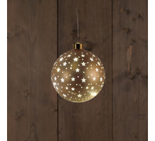 B.O. GLAS BAL MAT GOUD MET STERREN 12CM /LED WARM WIT - 2XAAA