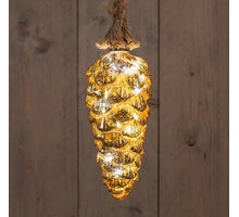 B.O. DENNENAPPEL GLAS GOUD FOLIE 20CM AAN 60CM TOUW / 15LED WARM WIT - 2XAA