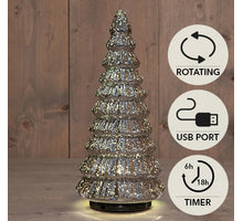 KERSTBOOMPJE GLAS DRAAIEND  20LED 3XAA BATTERIJ MET TIMER EN USB AANSLUITING 13,3X30CM METALLIC ANTRACIET