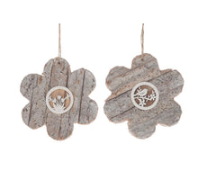 Wooden flower with bark pendant 15x15x1.5cm 1pc 2 assorted Wh