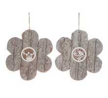 Wooden flower with bark pendant 20x20x1.5cm 1pc 2 assorted Wh