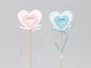 cb. 8 wooden baby hearts/stick pink/blue 6x5.5cm