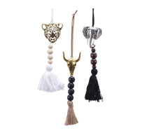 Card a 1 alloy animal head w tassel 3 assorted 17cm
