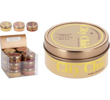 GEURKAARS IN BLIK ''CITY CHIQUE'' D6 H3CM 3 ASSORTIE DESIGNS