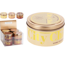 GEURKAARS IN BLIK ''CITY CHIQUE'' D8 H5CM 3 ASSORTIE DESIGNS