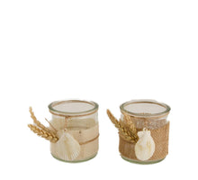 Tealight holder jute glass with shells Ø8x8cm Mixed