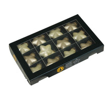 w/b. 12 glass stars/cap champagne combi 40 mm