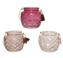 Tealight holder glass, tassel pendant, relief D11.5 H10cm 3 colors assorted