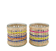 Tealight holder with rattan glass 12x12x12cm 2 assorted colo