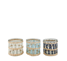 Tealight holder with rattan glass 12x12x12cm 3 Blue mix