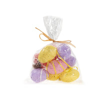 9 ST EI 6CM GEEL/ROZE/PAARS ASSORTI MET VEERTJE IN ZAKJE