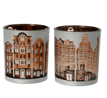 Theelichthouder glas ''grachtenpand'' 2 assortie D8 H9cm