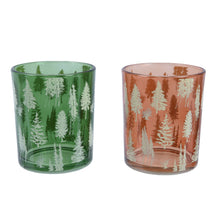 Theelichthouder glas ''bomen'' 2 kleur assortie D7 H8,3cm