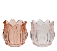 Theelichthouder glas ''bloem'' 2 assortie pink H7 D7cm
