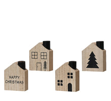 Kandelaar huis hout 4 assortie naturel 7x3x9cm zwart/wit