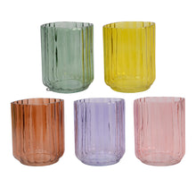 Theelichthouder glas ''stripe'' 5 kleuren assorti H13 D9cm