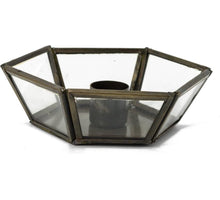 Kandelaar zeshoek glas/metaal 3×12,5x9cm vintage goud