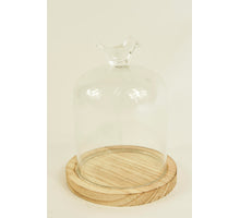 BELL GLASS BIRD D10X13.5H ON WOODEN BASE NATURAL