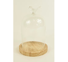 BELL GLASS BIRD D11X16H ON WOODEN BASE NATURAL