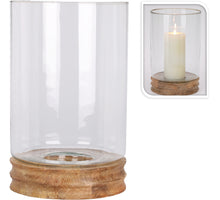 WINDLICHT D20 H33CM GLAS OP MANGOHOUTEN VOET