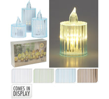SET/3 KAARSJE MET LED STREEP DESIGN D3,8 H5/6,5/8CM 4 ASSORTIE KLEUR INCL 3xLR1130 BATTERIJEN