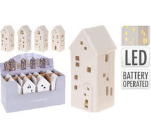 HUIS MET LED PORSELEIN WIT 7,5X6,5X16CM 4 ASSORTIE INCL. 2X LR44