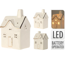 HUIS MET LED PORSELEIN WIT 8X6X12CM 4 ASSORTIE INCL. 3X LR44