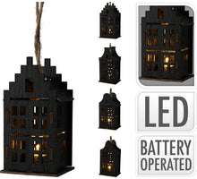 HANGER HUISJE 10CM ZWART MET LED 4 ASSORTIE