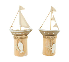 Boat pine wood on stand 11x6x22cm 2 assorted Natural/White