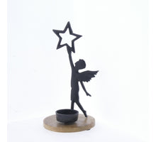 Aluminum Tealight Black Angel on Mangowood base 20x10cm
