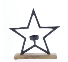 Aluminum Tealight Star Black on Mangowood Base 27x25cm
