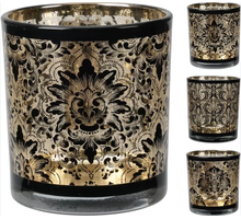 THEELICHTHOUDER GLAS D7 H8CM ZWART/GOUD 3 ASSORTIE