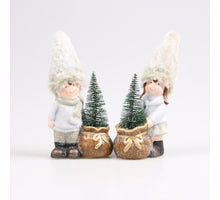 JONGEN EN MEISJE M/KERSTBOOM LED GROEN 11.5X6.5X20 CM AARDEWERK ASSORTIE - PER STUK
